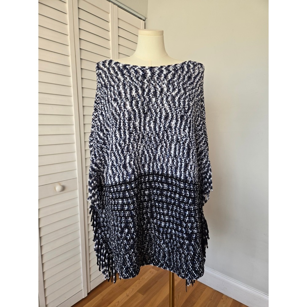 Natura Blue White Marled Fringe Knit Poncho Sweater OS Boho Cozy Classic Western